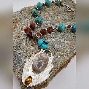 TURQUOISE, CARNELIAN, & DENDRITIC AGATE  NECKLACE  HANDMADE IN STERLING SILVER